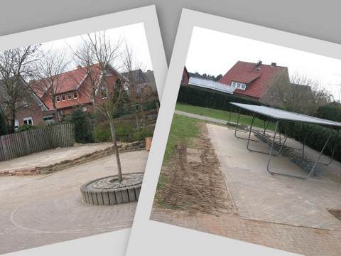 BAUTAGEBUCH 15. März 2008: Fahrradstand an neuem Standort – Bühne gepflastert – Fundamente Höhlenrutsche angelegt